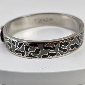 Coach Leopard Print Hinged Bangle Bracelet Silver Tone Black Grey Enamel Logo